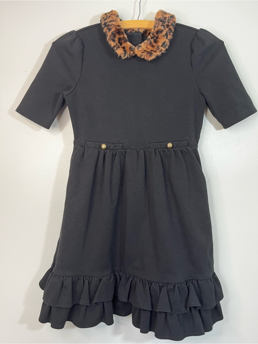Janie and Jack Black Cotton Dress with Faux Fur Leopard Collar Girl’s 10